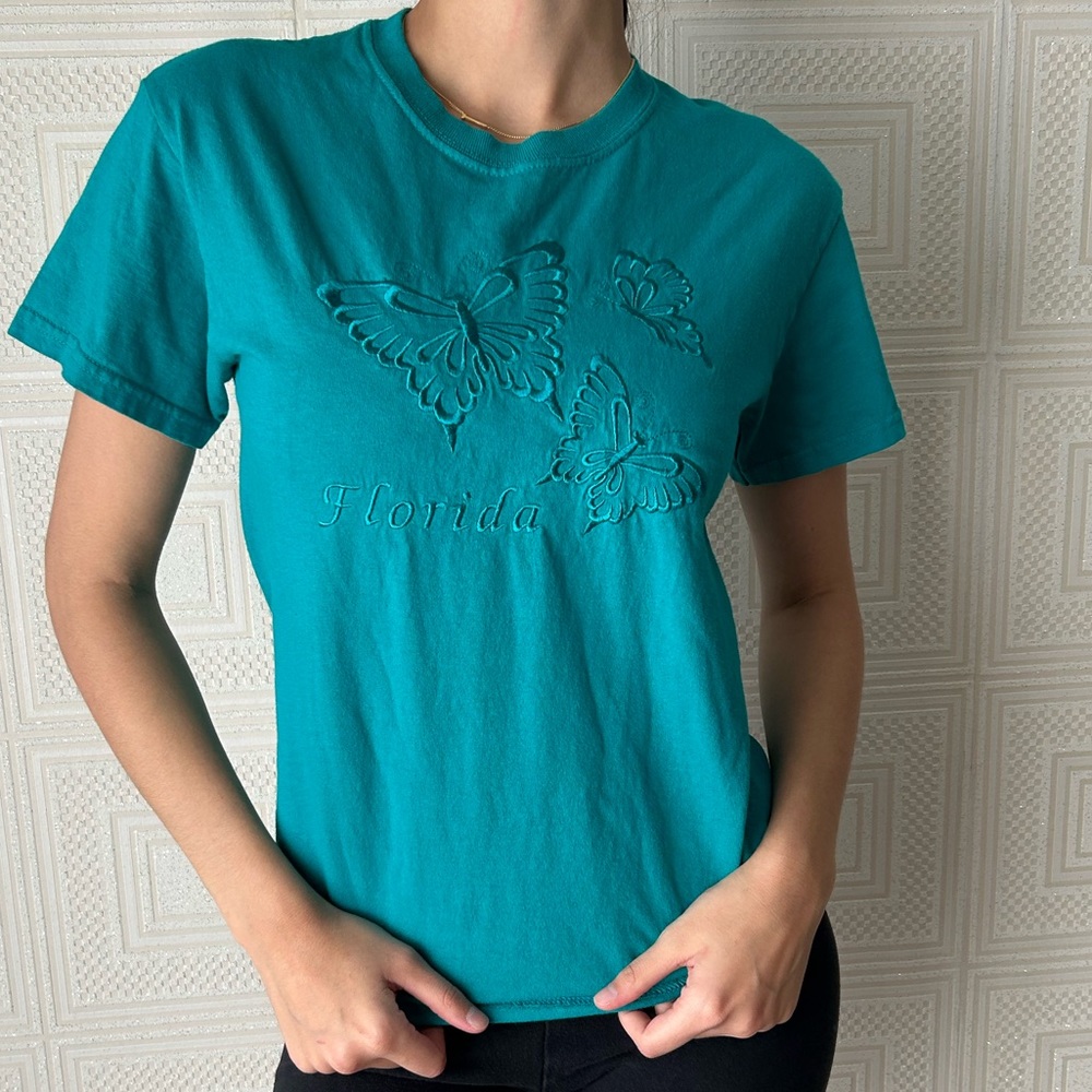 Vintage y2K Teal Florida butterfly embroidered T-Shirt